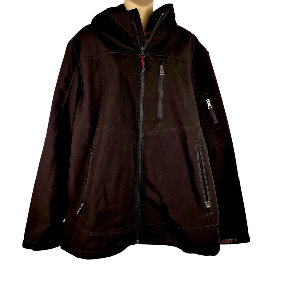 GUESS Mens XXL Black Softshell Jacket Water Resistant‎ Hooded Fleece Lined